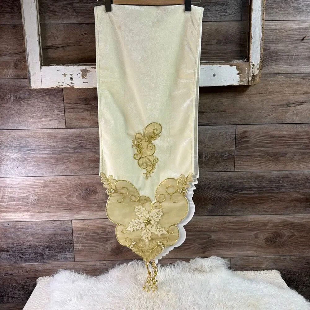 Vintage Holiday Table Runner Cream Gold 72” x 14” Holly Mistletoe Beaded Velvet